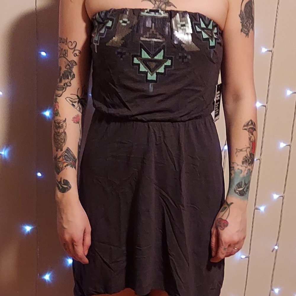 Express Aztec Sequins Removable Straps Blouson Hi-Lo Day Dress, Size S